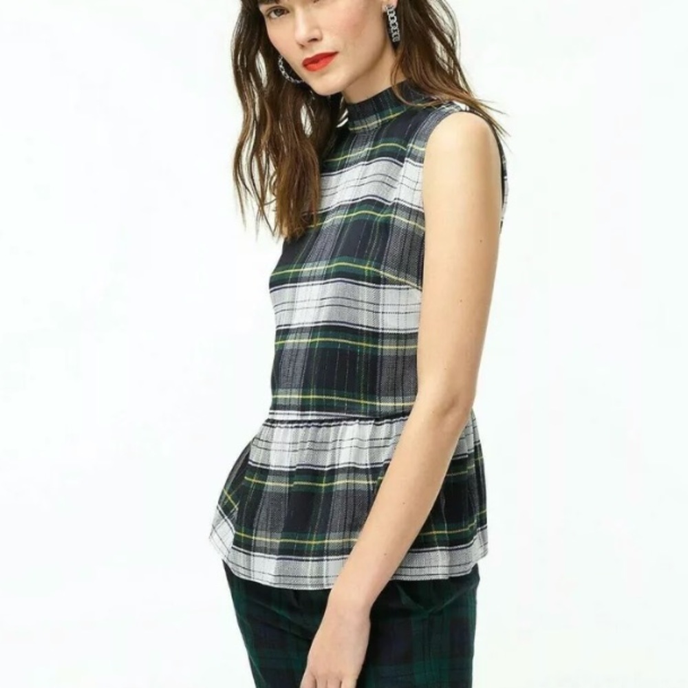 NWT J.Crew Sleeveless Peplum Top M Gilded Highland Tartan Chiffon Sleeveless